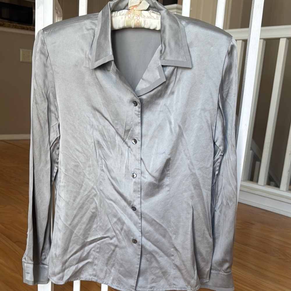 Vintage Silver 100% Silk Blouse | Preview Collection Long Sleeve Button-Up